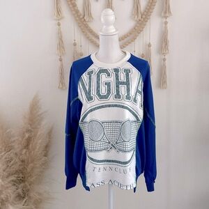 pieced sweatshirt top trendy mixed media long sleeve embroidered blue white M